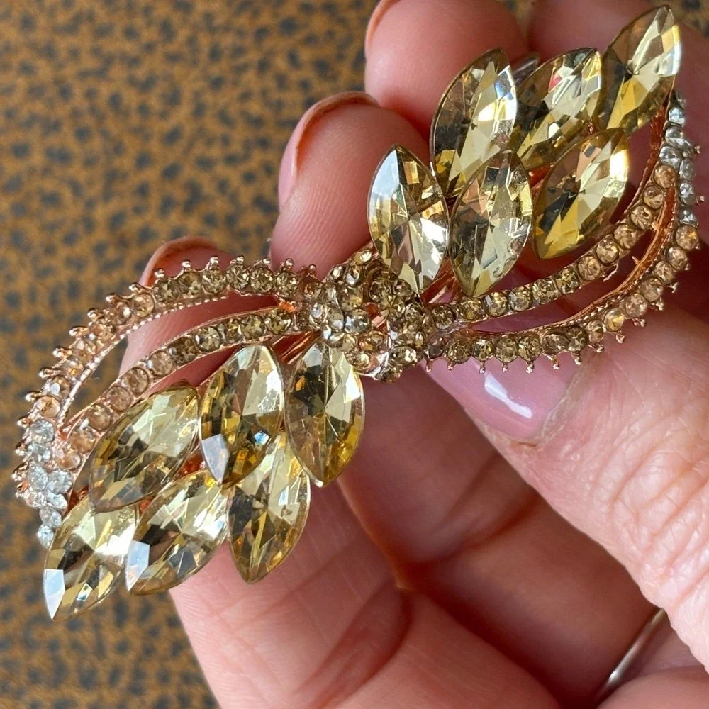 Sparkling Crystal Leaf Design Barrette Rose Gold Tone Women Hair Clip Accessory